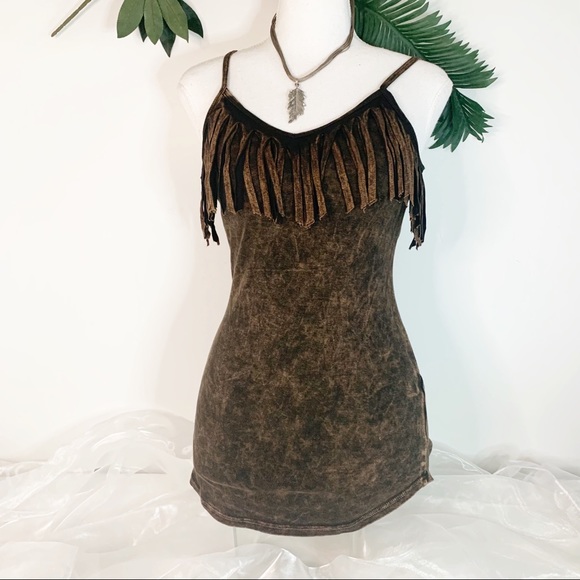 T-Party Fringe Front Cami Tank Top! Mineral Washed Brown - Picture 3 of 8